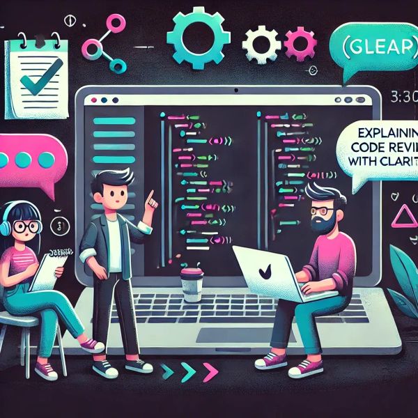 Developers collaborating on a code review, with feedback notes, speech bubbles, and checkmarks