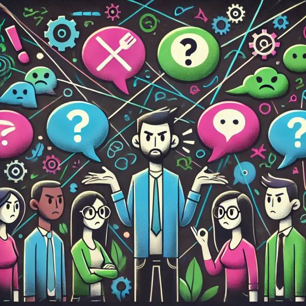 Cartoon dev team with crossed speech bubbles, exclamation marks, and gears, symbolizing miscommunication