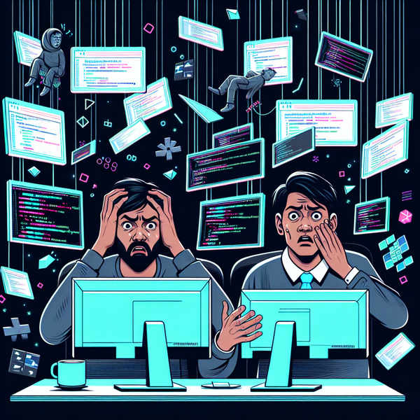 Two programmers overwhelmed by a chaotic stream of code and tasks on floating screens