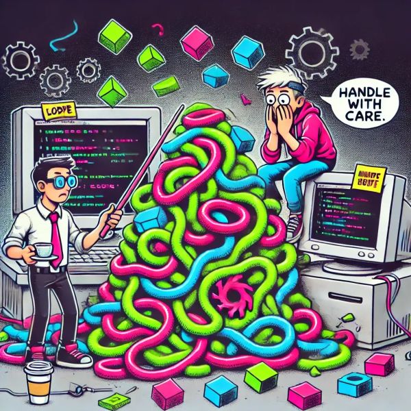 Two developers face chaotic legacy code mess, one pokes it with a stick while holding coffee, the other looking unsure.