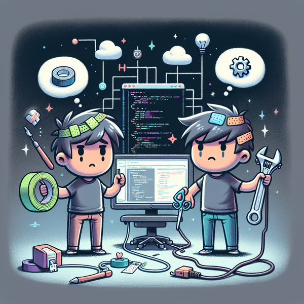 Cartoon developers fixing code with tools, tape, and bandages in a whimsical tech setting
