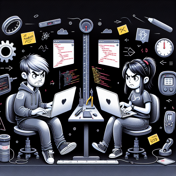 Two intense developers coding at laptops with digital chaos around them.