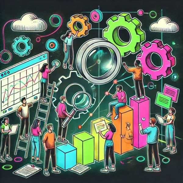 Developers analyze collaboration metrics with graphs, tools, connected via neon lines symbolizing teamwork