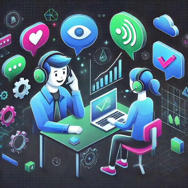 Two software developers with headphones, actively listening