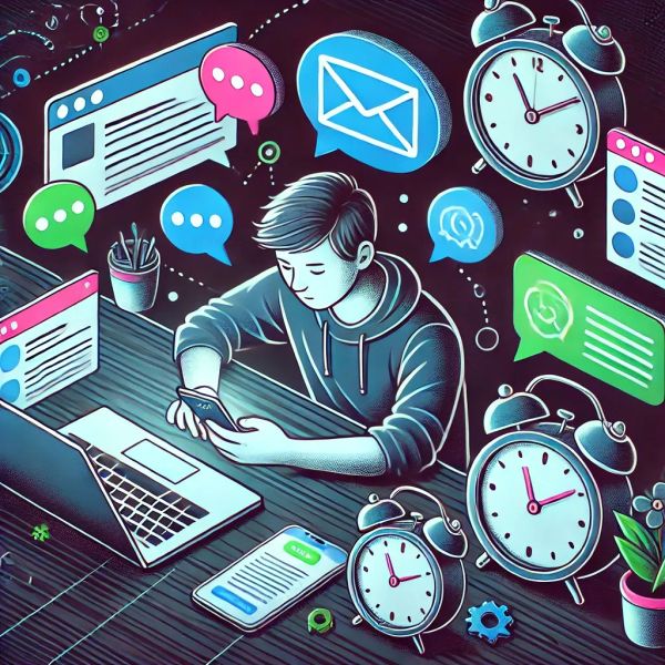 Cartoon developer using multiple devices, with speech bubbles, clocks, and task icons for async work