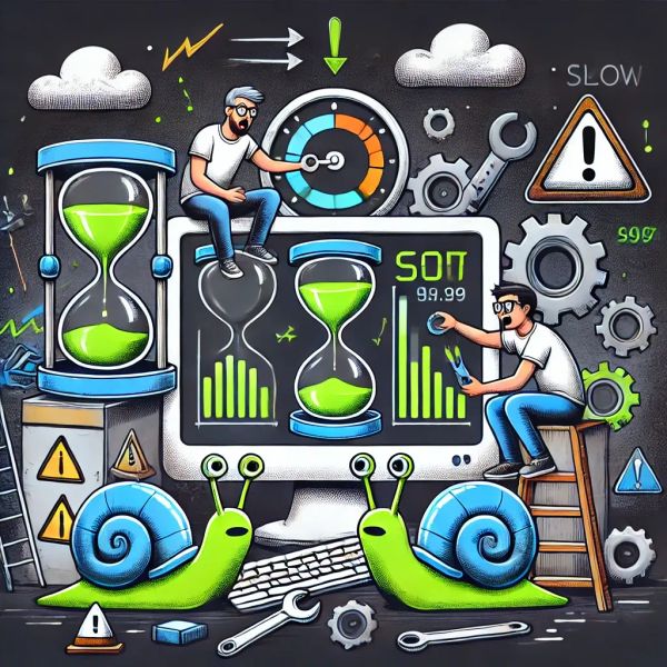 Two developers rush to fix slow apps, one adjusts gears, the other speeds up a performance graph