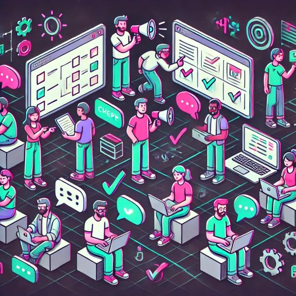 Team of developers using laptops. Speech bubbles and a megaphone to symbolize clear communication