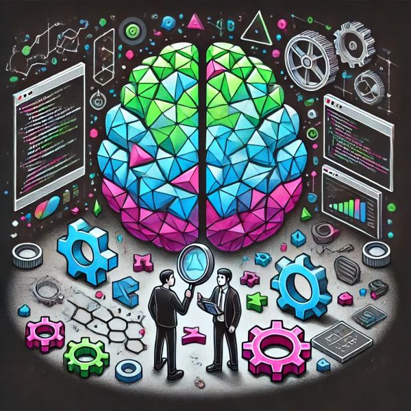 Two developers analyze a glowing brain made of neon shapes, symbolizing critical thinking in coding