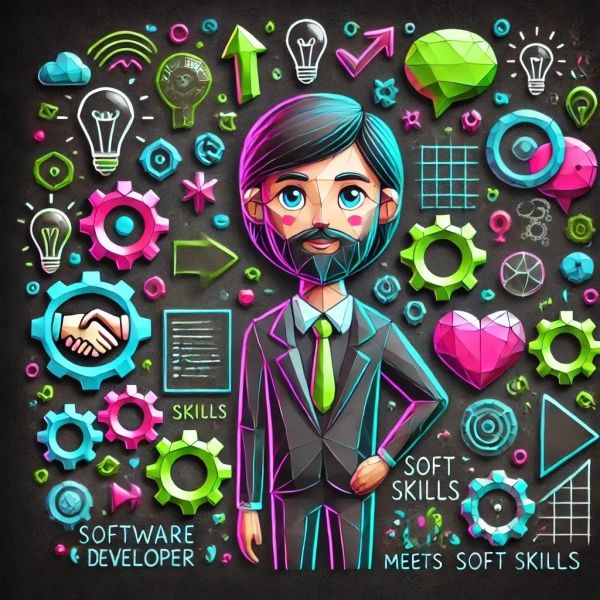a software developer surrounded by symbolism of soft skills like hearts for empathy and speech bubbles for communication