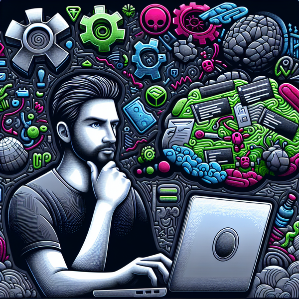 Illustration of a thoughtful software engineer with extra arms typing as he thinks