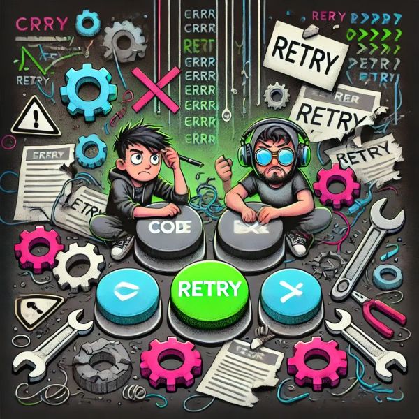 Two developers work through trial and error, surrounded by failed attempts, tangled code, and tools