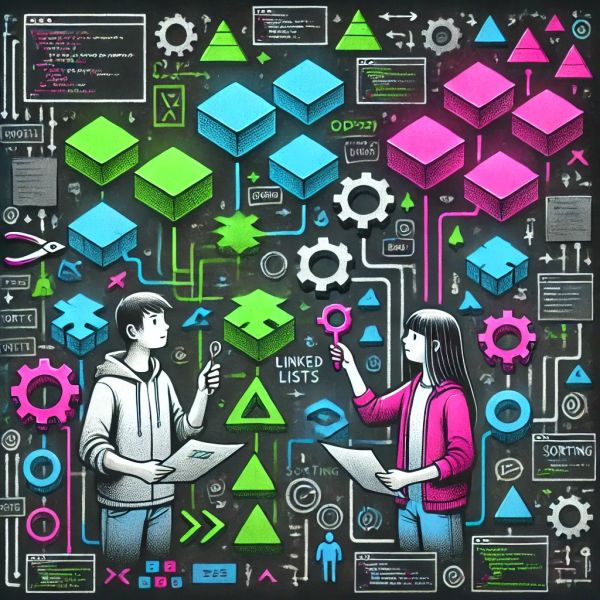 Two developers work through a maze of algorithms and data structures, solving complex problems