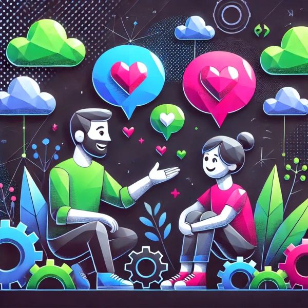 Two developers sharing a supportive gesture with heart icons, symbolizing empathy in communication