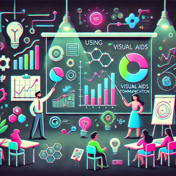 Developers presenting charts and diagrams, using visual aids like arrows and flowcharts for clarity