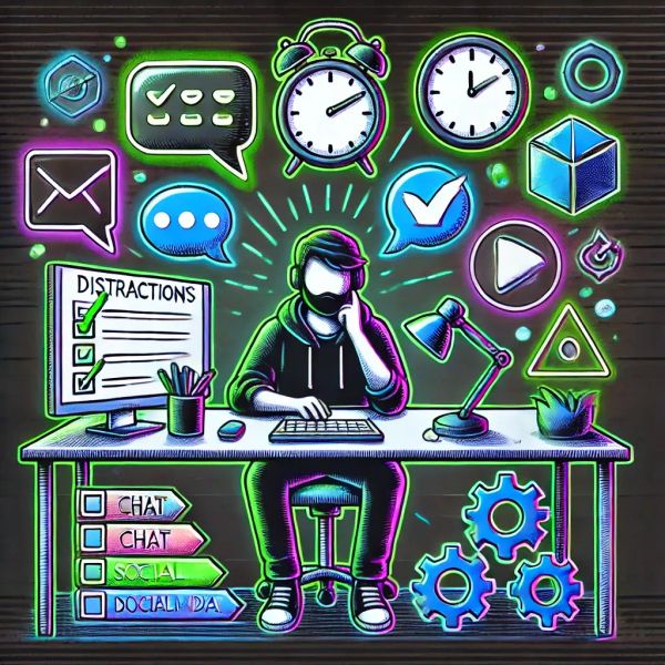 Developer at desk resisting distractions like chat bubbles and clocks, focused on a glowing task checklist