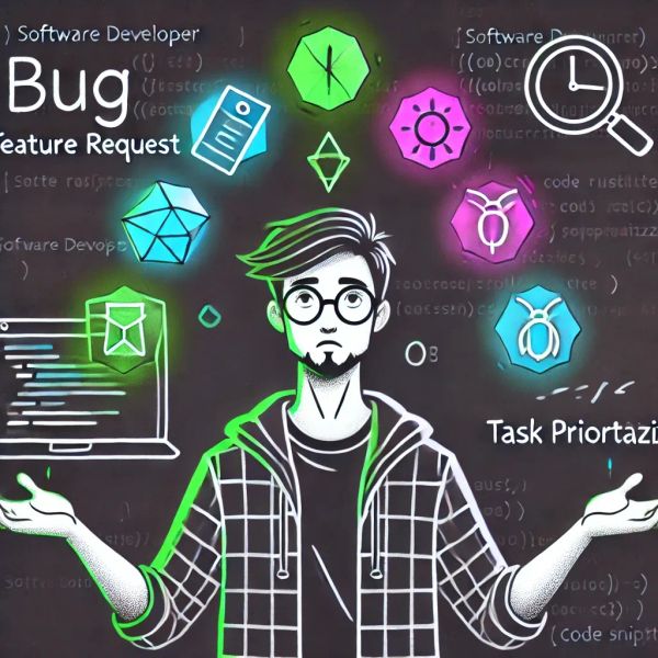 Developer juggling tasks like bugs, features, and deadlines, highlighting the challenge of task prioritization in dev work