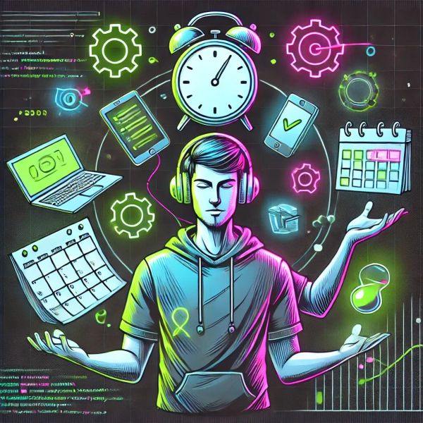Software engineer with extra arms juggling various time management tools, like a clock, calendar, and task list