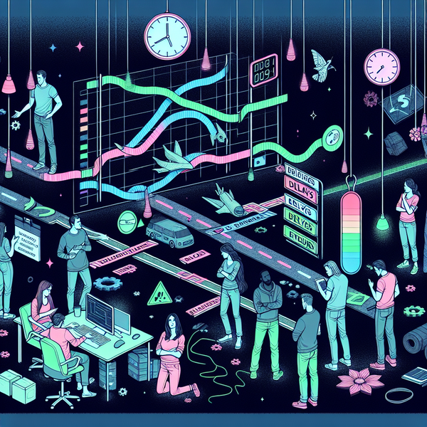 A chaotic dev team in a dark, neon-lit scene struggles with delays on a project timeline, showing frustration and confusion.