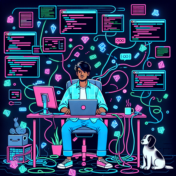 A developer surrounded by floating chat messages, glitchy monitors, and tangled cables, each emitting a faint neon glow.