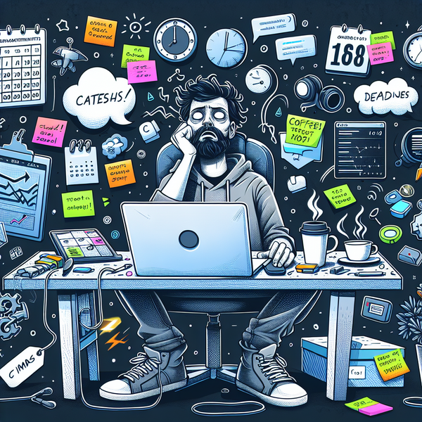 Developer at desk with time-tracking tools, task list, coffee cups, and neon notes, showing exhaustion and accomplishment