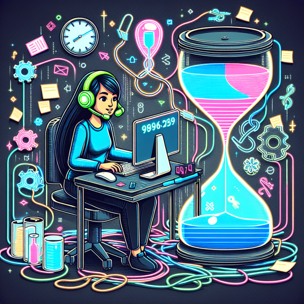 Software engineer with neon green headset working on a minimal, neon-blue lit computer with a clock countdown.