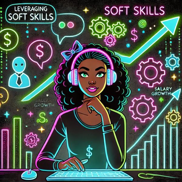 software engineer at desk with glowing icons for soft skills and money, highlighting career growth impact