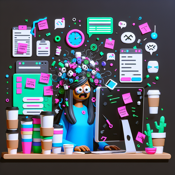Exhausted developer surrounded by coffee cups, tasks, and a countdown timer, humorously highlighting burnout prevention.