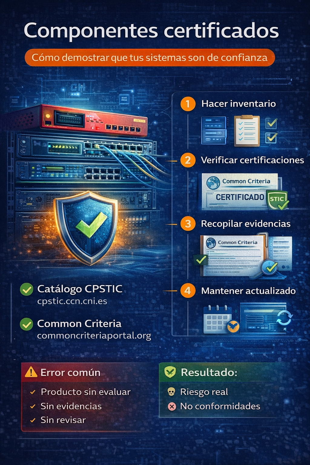 Componentes certificados en ENS con verificación de seguridad mediante Common Criteria y catálogo CPSTIC para garantizar confianza en sistemas