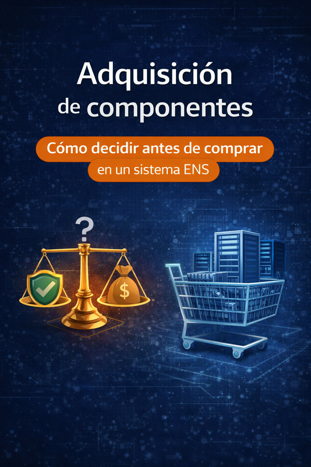 Adquisición de componentes en ENS representando la toma de decisiones entre seguridad y coste antes de comprar tecnología