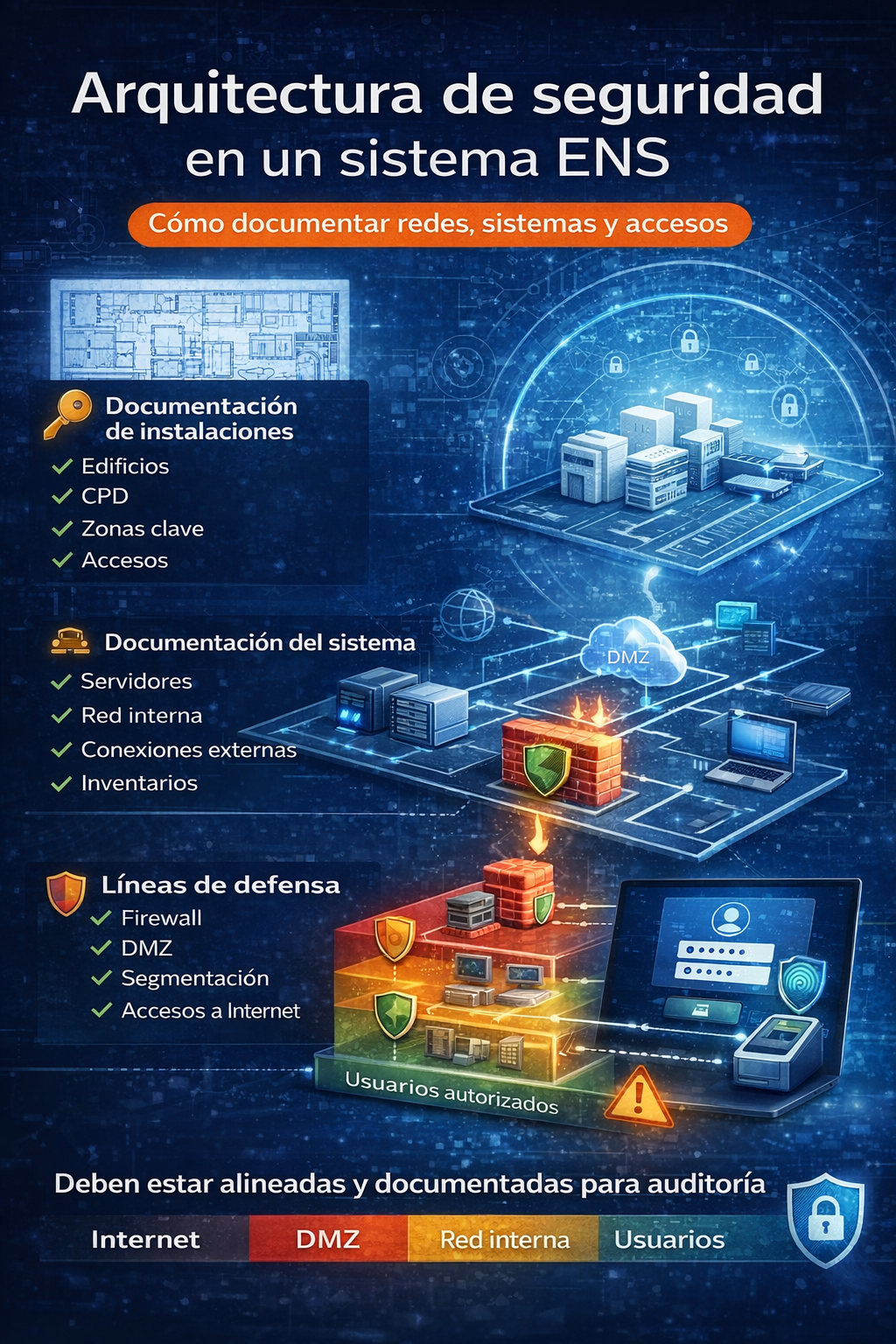 Arquitectura de seguridad en ENS con redes, sistemas, líneas de defensa y control de accesos documentados para auditoría