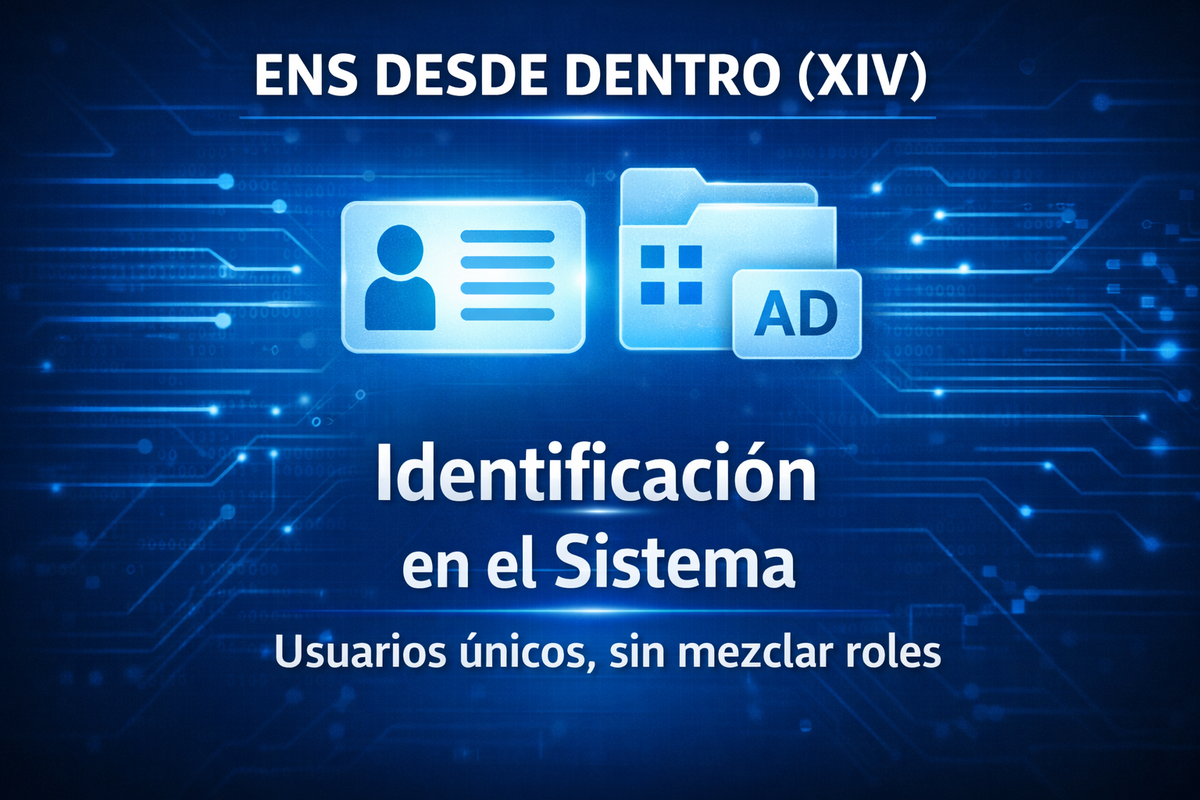 ENS desde dentro (XIV): identificación de usuarios en el sistema, representada con iconos de usuario y Active Directory sobre fondo tecnológico azul.