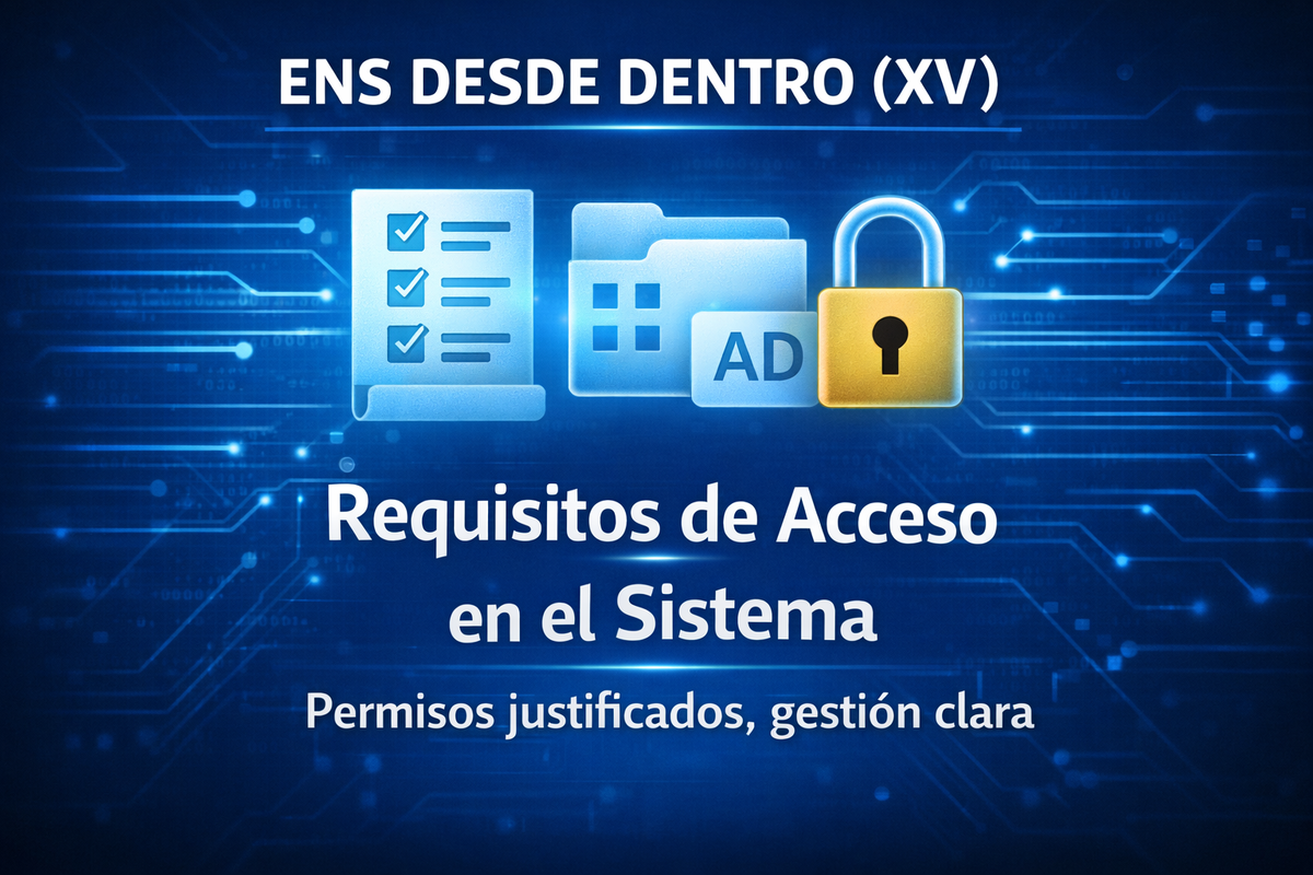 ENS desde dentro (XV): requisitos de acceso en el sistema, representados con checklist, Active Directory y candado sobre fondo tecnológico azul.