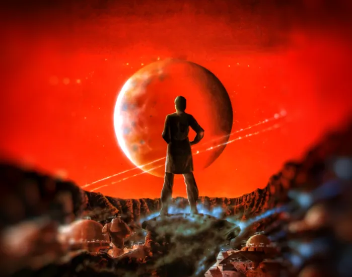 Cover from Ursula Guin's The Dispossessed. A character looks down at a planet from a moon colony.