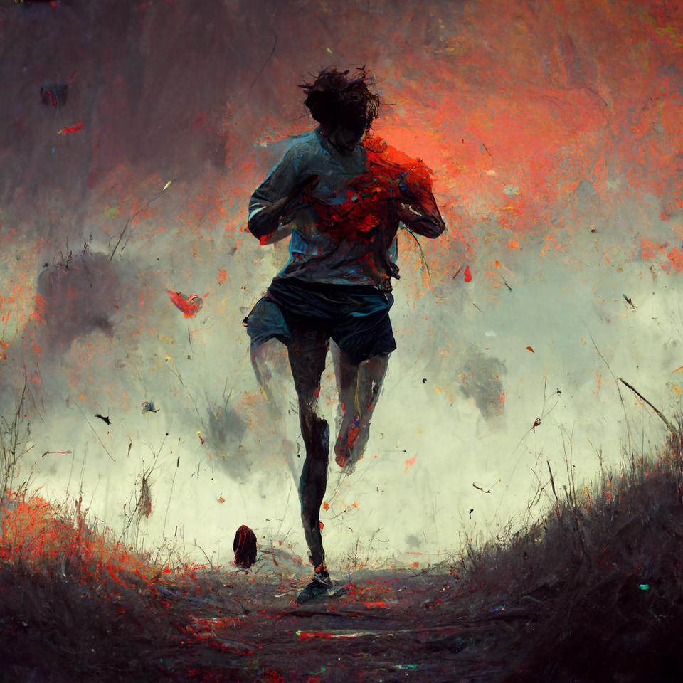 An Mid Journey AI picture with prompt: "A defeated runner"