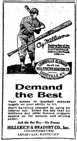 1926 baseball bat advertisement for Hillerich & Bradsby Co. of Louisville, Kentucky featuring a player illustration and “Demand the Best” slogan promoting quality bats