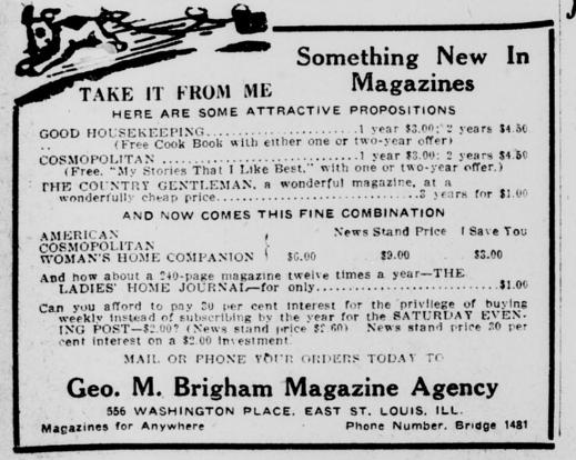 Vintage 1926 newspaper ad for Geo. M. Brigham Magazine Agency. Lists prices for Good Housekeeping, Cosmopolitan, and The Saturday Evening Post with a small illustration of a newsboy.
