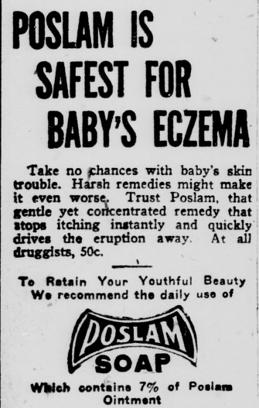 1926 newspaper ad for Poslam. Bold header reads "Poslam is Safest for Baby's Eczema." Below is a text block about skin relief and a stylized logo for Poslam Soap containing 7% ointment.