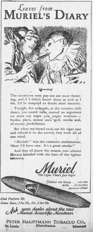 A vintage illustrated ad titled "Leaves from Muriel's Diary" showing a woman lighting a man's cigar. It promotes Muriel Cigars as a perfect medium blend for 10 cents.