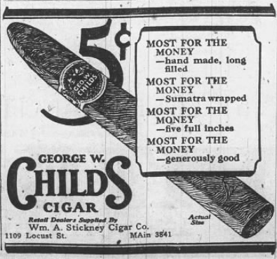 A 1926 St. Louis Globe-Democrat ad for 5¢ George W. Childs Cigars. 