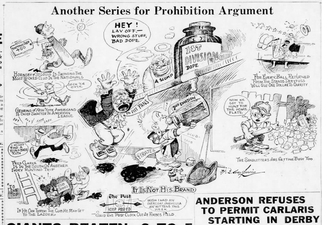 926 political baseball cartoon titled "Another Series for Prohibition Argument." It features fans reacting to "1st Division Dope" and "2nd Division" bottles, with cameos by Hornsby and Gehrig.