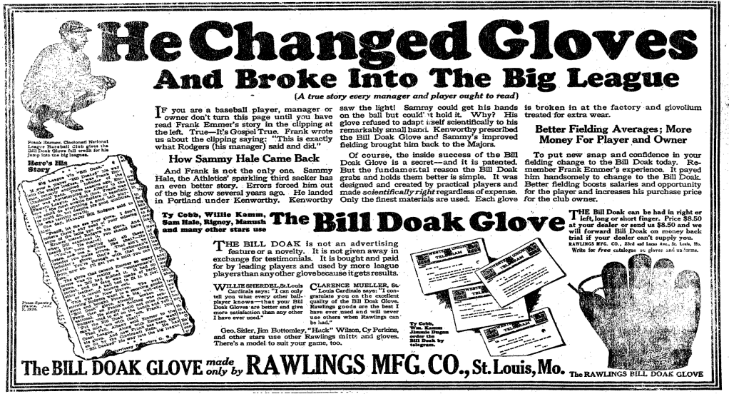 1926 Rawlings Bill Doak glove advertisement featuring players like Ty Cobb, promoting improved fielding and control in early baseball equipment