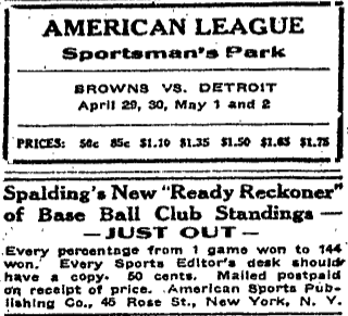 1926 baseball ads for Browns vs. Detroit at Sportsman’s Park and Spalding’s “Ready Reckoner” standings booklet with pricing details