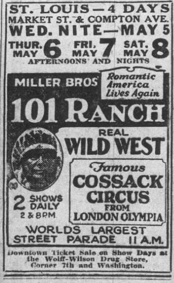 Vintage 1926 newspaper advertisement for Miller Bros. 101 Ranch Real Wild West show and Cossack Circus, announcing a four-day run in St. Louis (May 5–8) with two daily shows and a street parade.