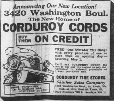 Vintage 1926 newspaper advertisement announcing a new St. Louis location for Corduroy Cord tires at 3420 Washington Boulevard, featuring an illustrated automobile, “Buy Them on Credit” offer, and a promotion for a free Schrader tire gauge with purchase.