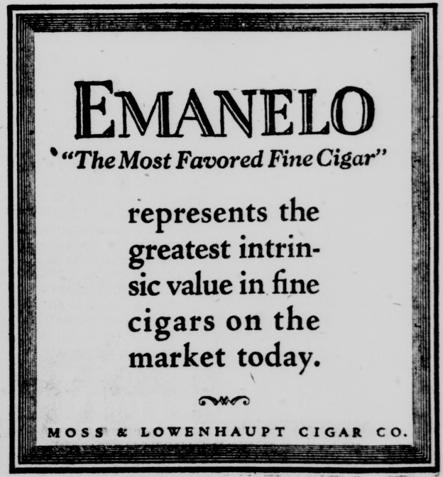 Emanelo Cigar Ad 1926, "The Most Favored Fine Cigar"