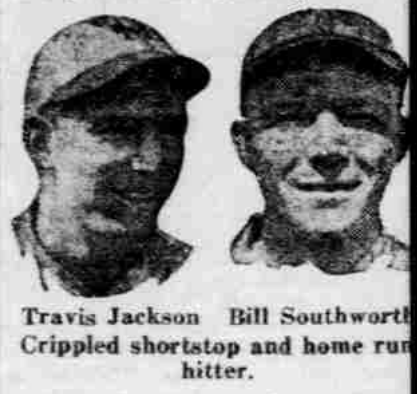 A vintage, grainy black-and-white newspaper photograph featuring headshots of two baseball players from 1926. On the left is Travis Jackson, wearing a baseball cap and a dark jersey. On the right is Bill Southworth, also in a baseball cap, shown smiling slightly. The text below the images identifies them as "Travis Jackson" and "Bill Southworth," followed by the descriptive phrase, "Crippled shortstop and home run hitter."