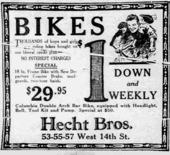 1926 Hecht Bros. newspaper ad offering bicycles for sale with $1 down payment plans and weekly installments, illustrated with children riding bikes.