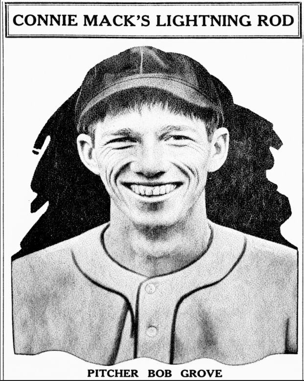 Alt text: 1926 newspaper portrait of Philadelphia Athletics pitcher Bob "Lefty" Grove under the headline “Connie Mack’s Lightning Rod.”