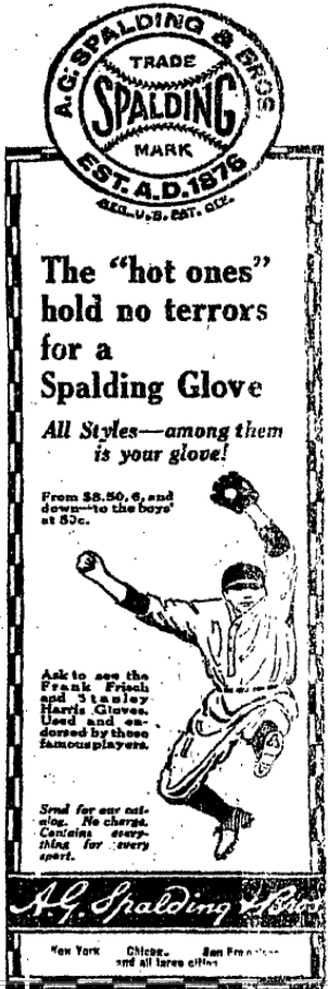 Vintage 1926 Spalding glove advertisement featuring a baseball fielder and the slogan “The hot ones hold no terrors for a Spalding Glove.”
