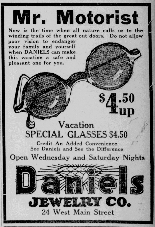 Alt Text: 1926 newspaper advertisement for Daniels Jewelry Co. featuring round driving glasses for motorists, promoting vacation eyewear specials priced at $4.50 at 24 West Main Street.